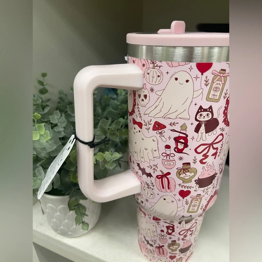 Pink Halloween Ghosts Cats Bows Insulated Stainless Tumbler w/Lid Straw 40ozNWT